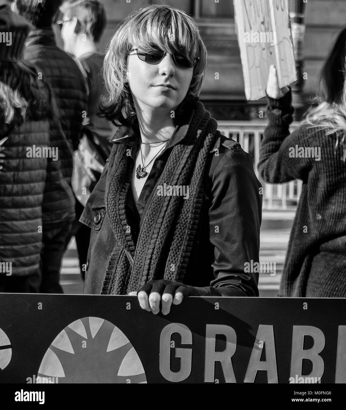New York, NY - January 20, 2018: More than 120000 people participated in women’s march in New York along streets of Manhattan. Chelsea Manning marches among activists. Stock Photo