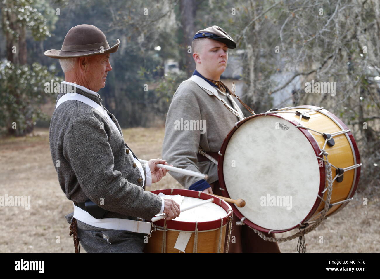 Confederate marching drummers at a Civil War Re-enactment of a battle that happened in Hernando County, Florida in July of l864. Stock Photo