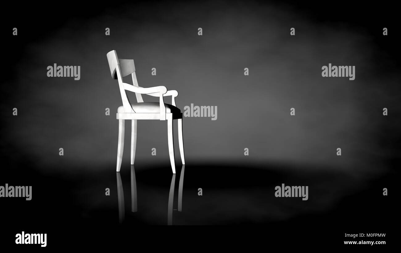 3d rendering of a white chair on a black background with ground reflection Stock Photo