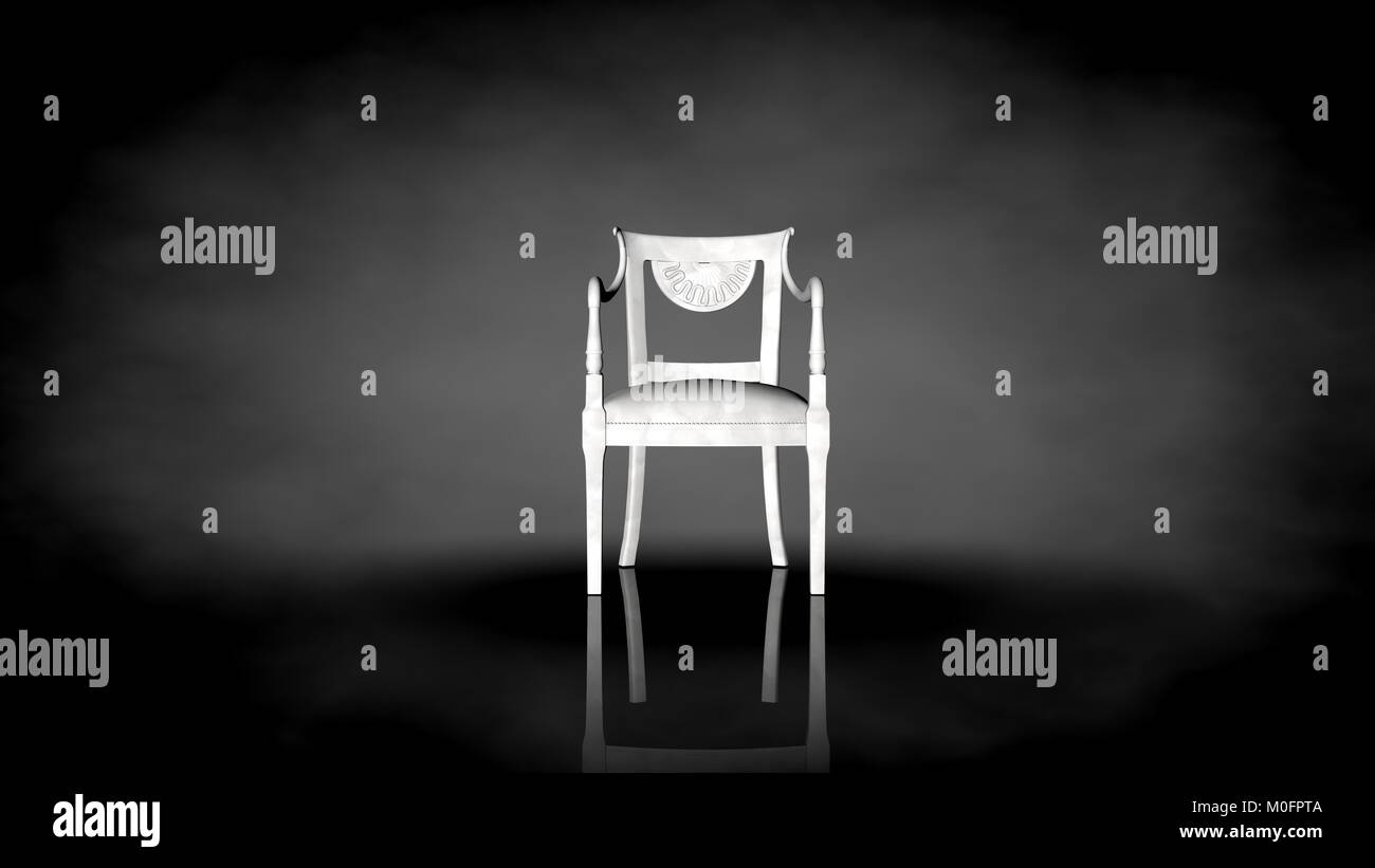 3d rendering of a white chair on a black background with ground reflection Stock Photo