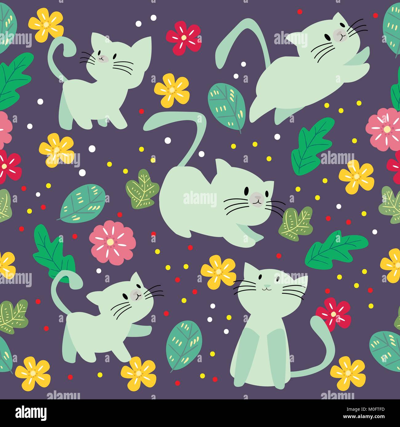Cute Cat seamless pattern with flower on colorful background Vector ...