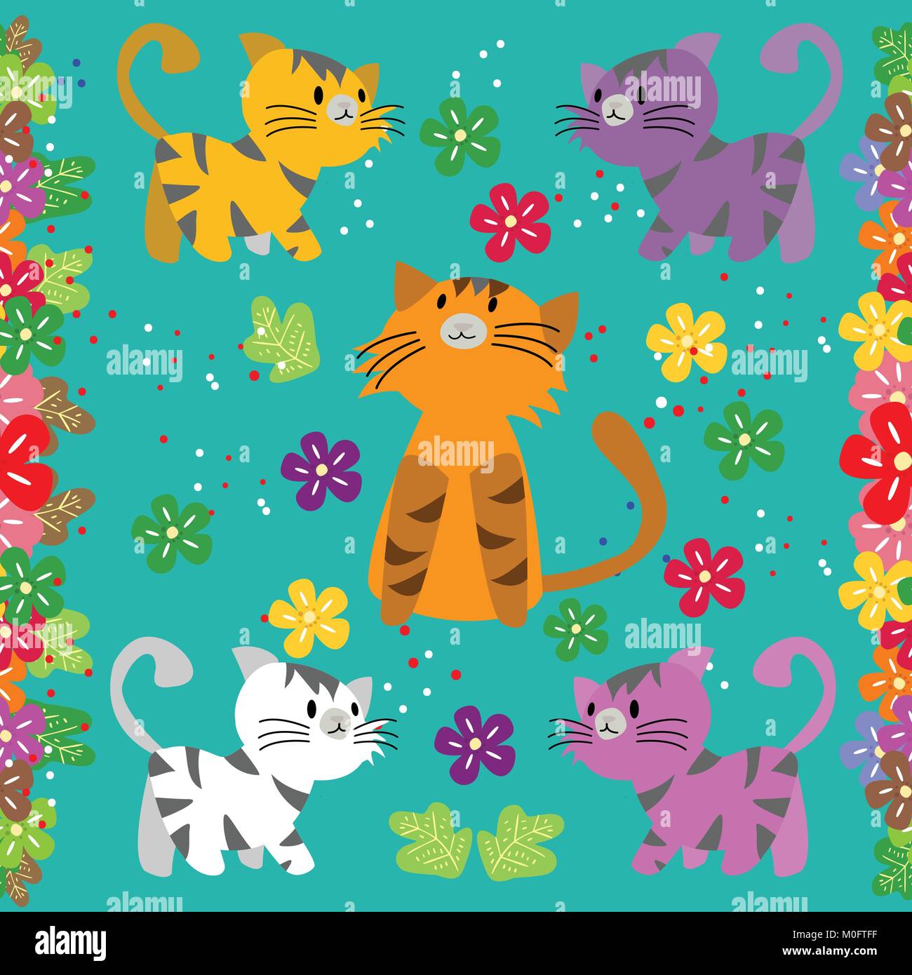 Cute Cat seamless pattern with flower on colorful background Vector ...