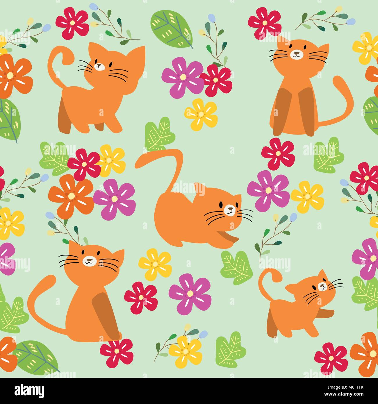 Cute Cat seamless pattern with flower on colorful background Vector ...