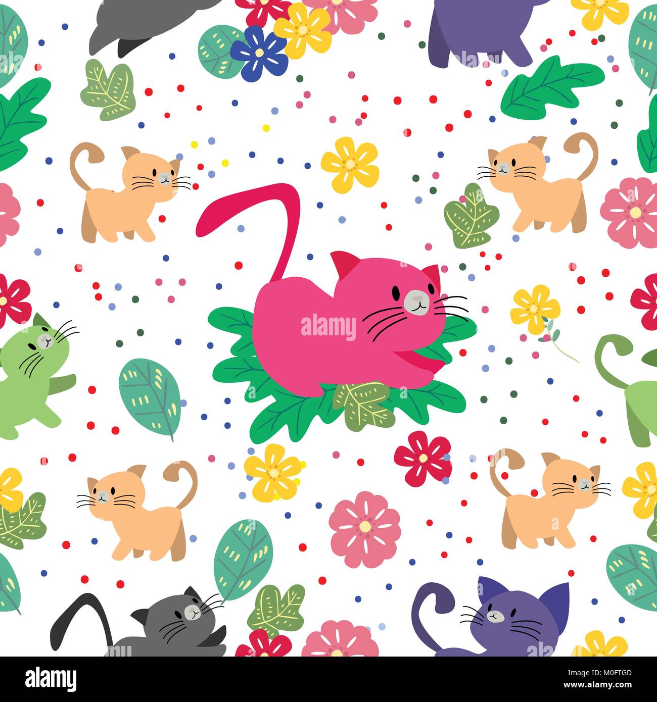 Cute Cat seamless pattern with flower on colorful background Vector ...