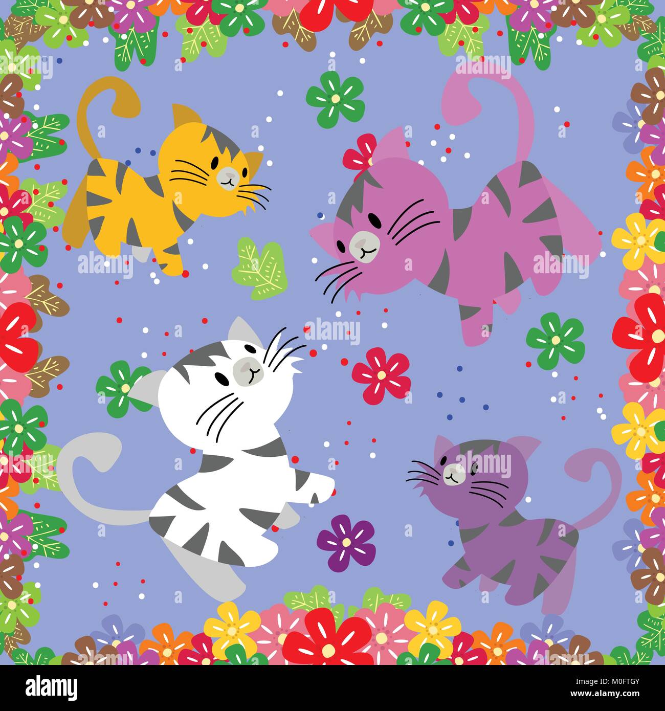 Cute Cat seamless pattern with flower on colorful background Vector ...
