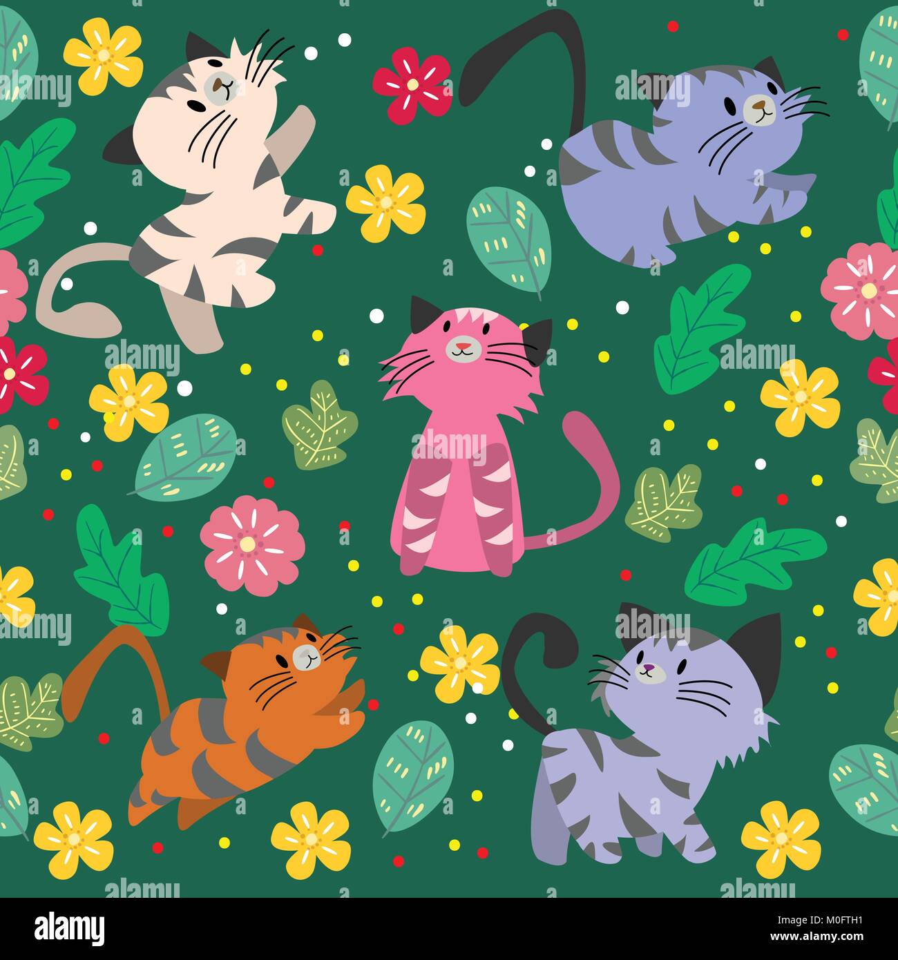 Cute Cat seamless pattern with flower on colorful background Vector ...