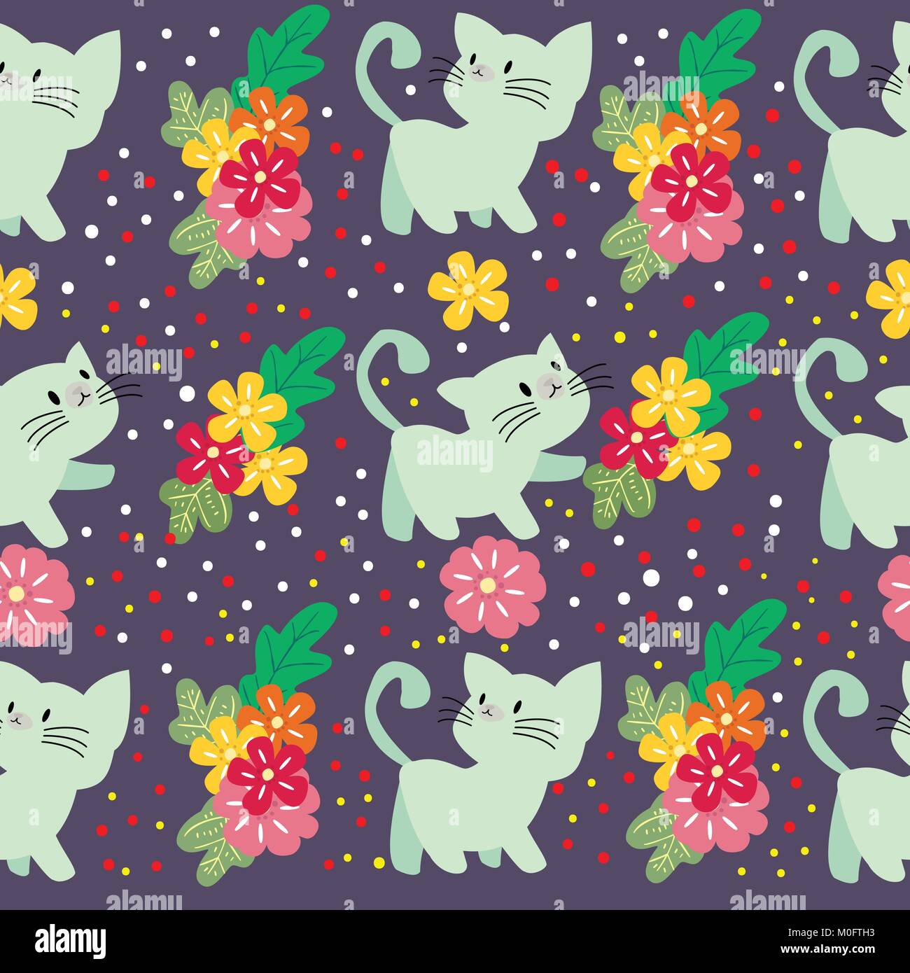 Cute Cat seamless pattern with flower on colorful background Vector ...