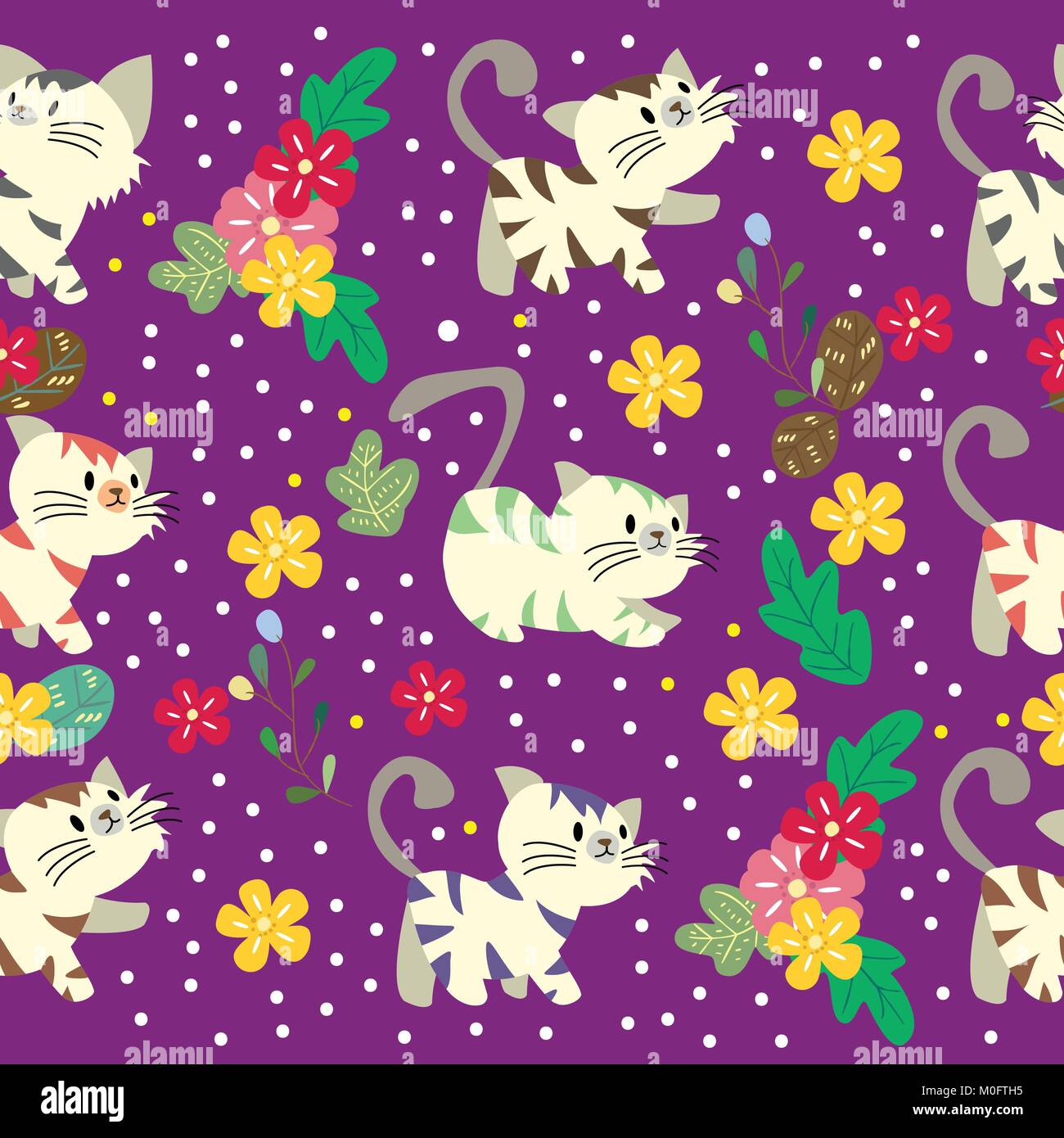 Cute Cat seamless pattern with flower on colorful background Vector ...