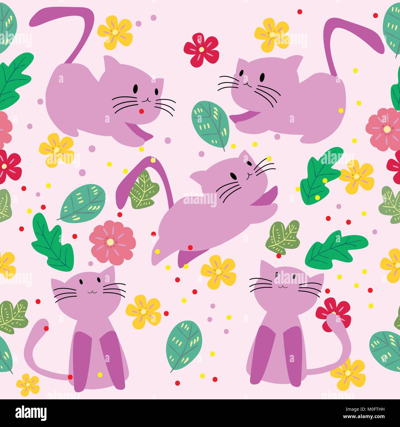 Cute Cat seamless pattern with flower on colorful background Vector ...