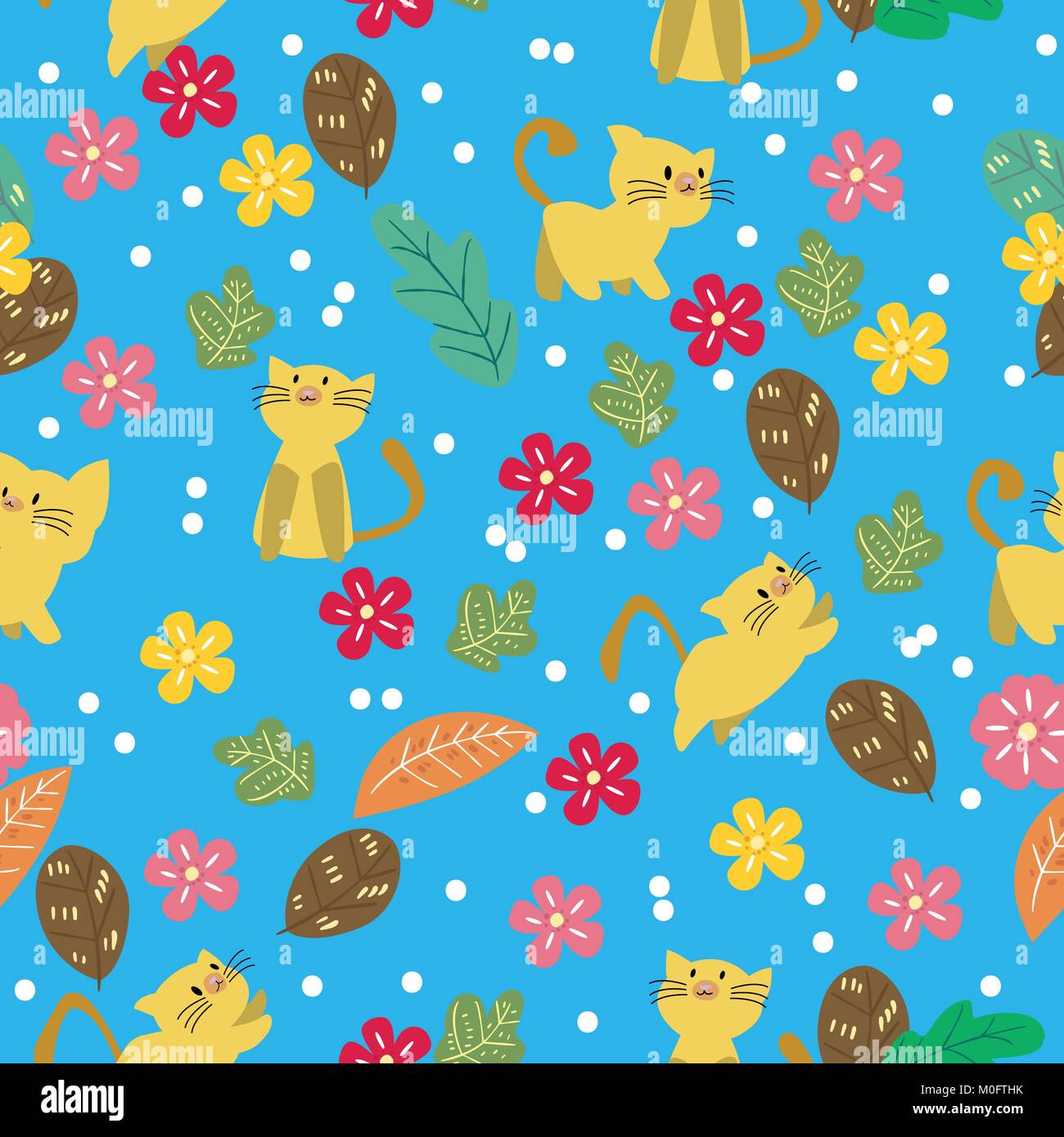 Cute Cat seamless pattern with flower on colorful background Vector ...