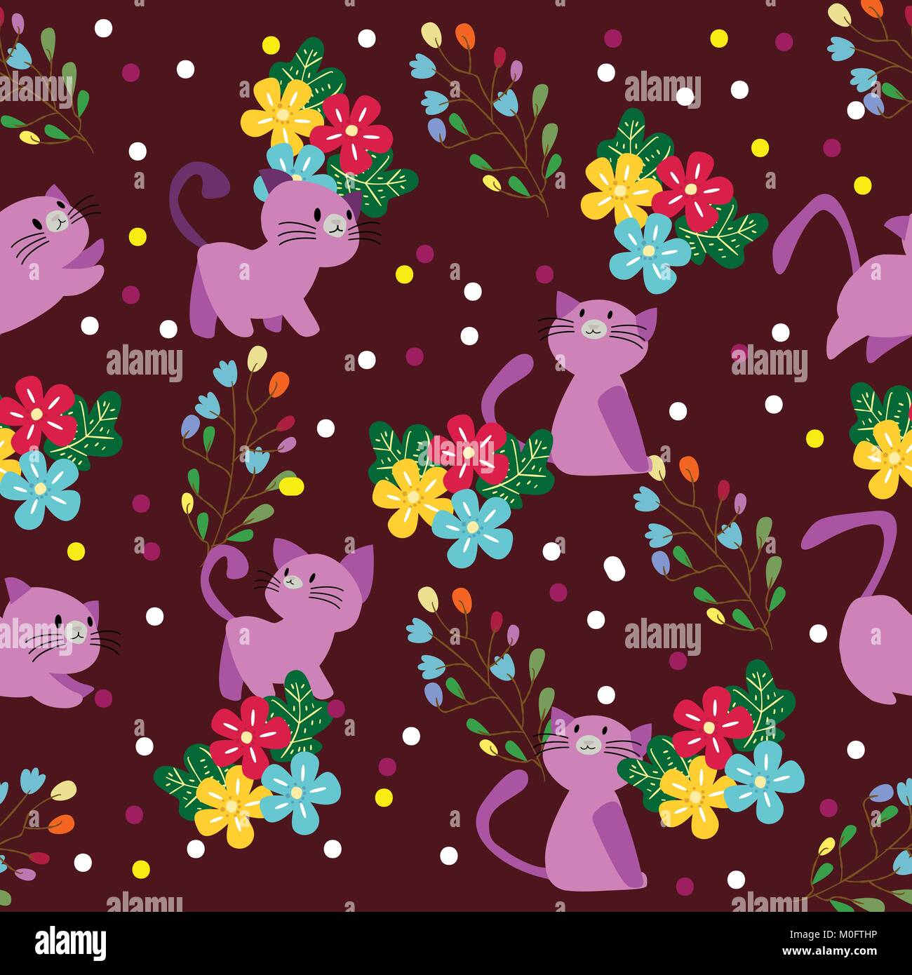 Cute Cat seamless pattern with flower on colorful background Vector ...