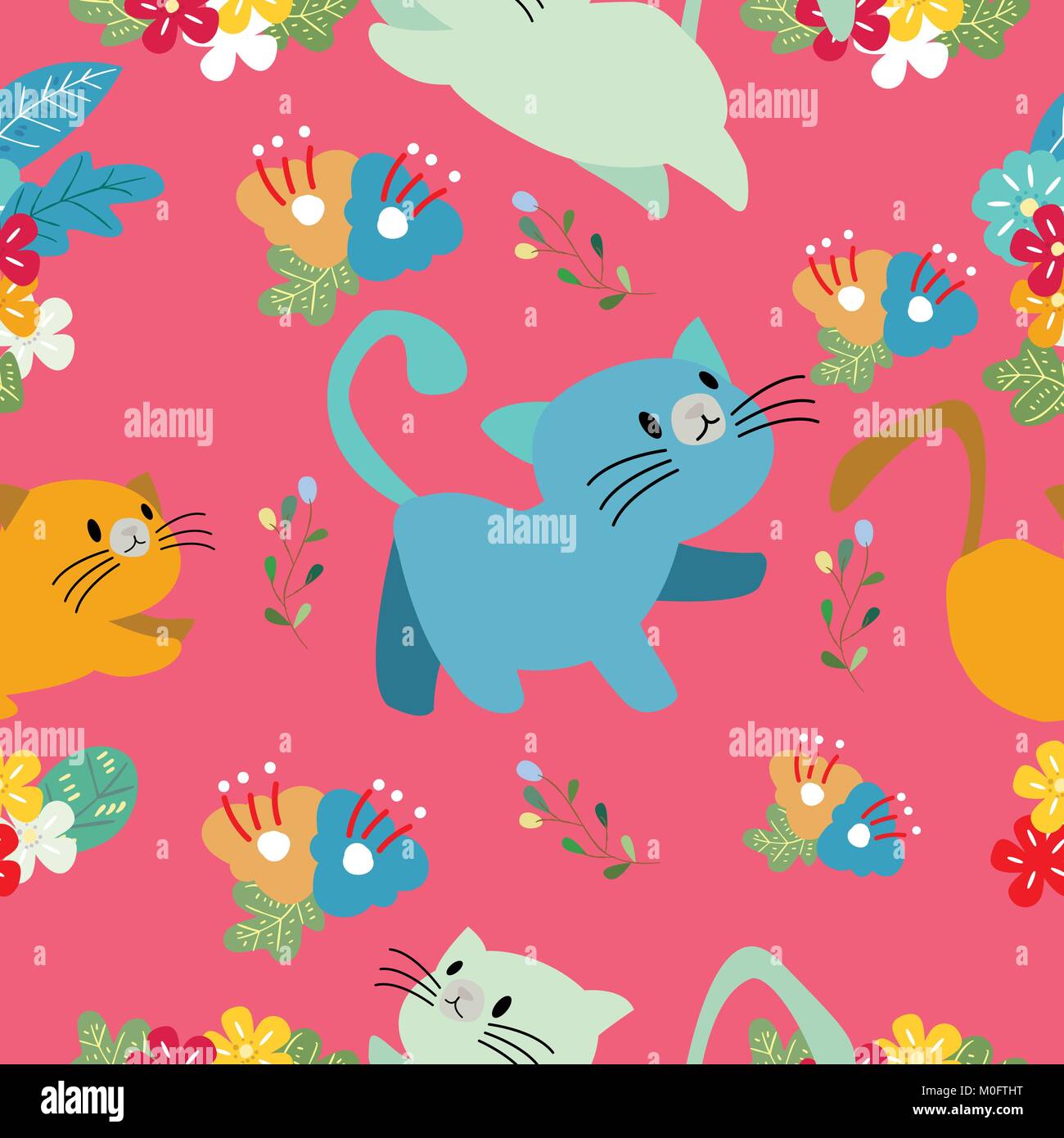 Cute Cat seamless pattern with flower on colorful background Vector ...