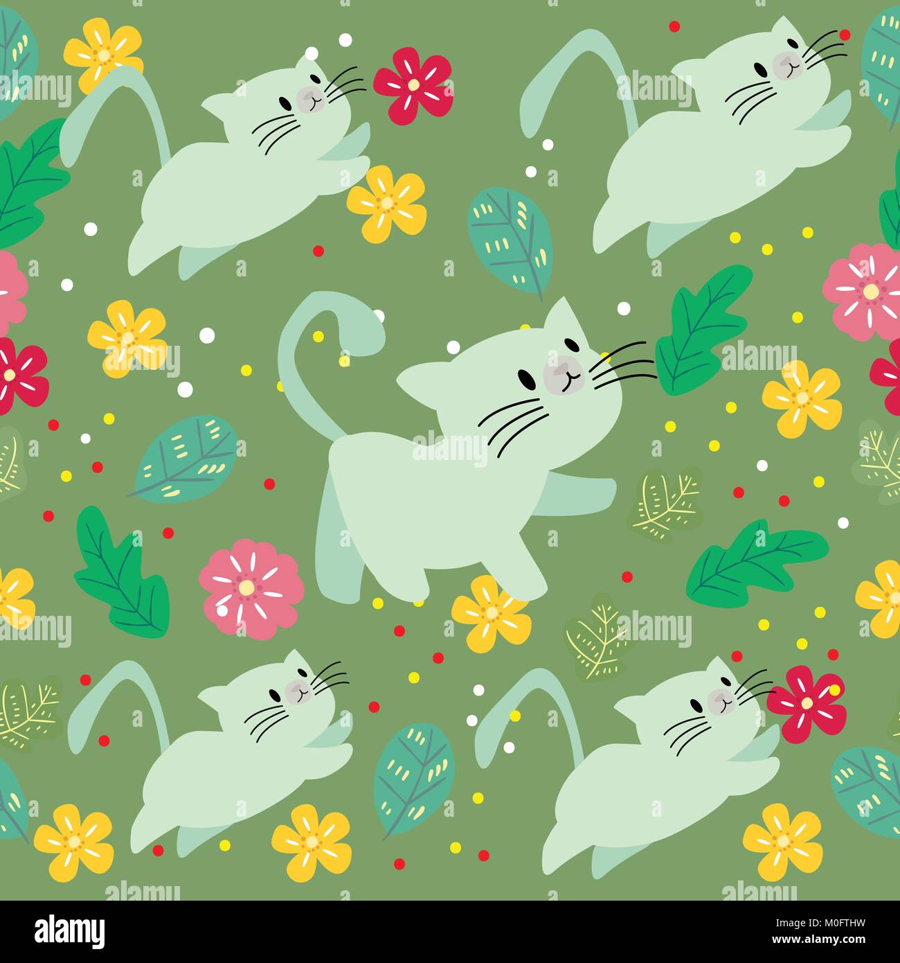 Cute Cat seamless pattern with flower on colorful background Vector ...