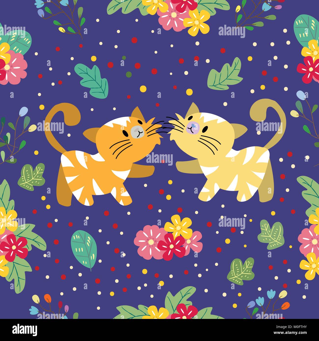 Cute Cat seamless pattern with flower on colorful background Vector ...