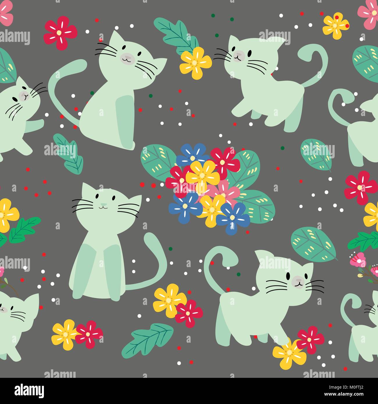 Cute Cat seamless pattern with flower on colorful background Vector ...