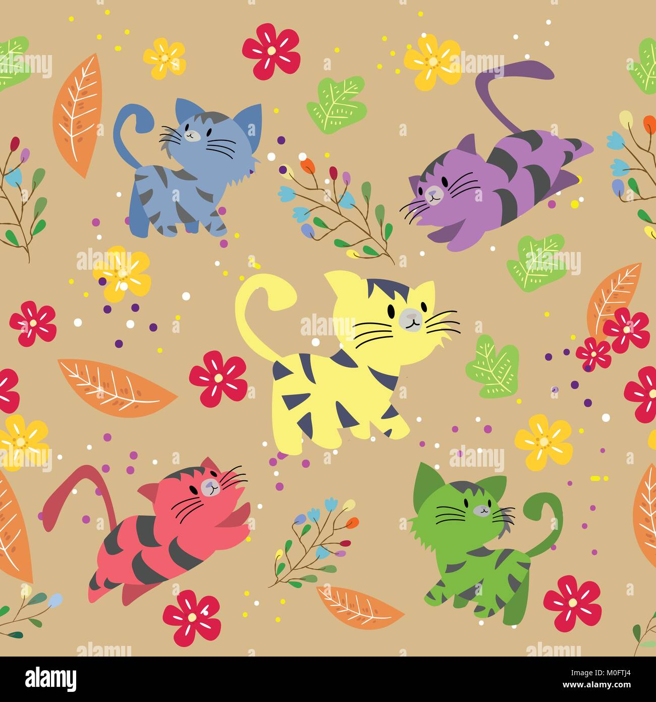Cute Cat seamless pattern with flower on colorful background Vector ...