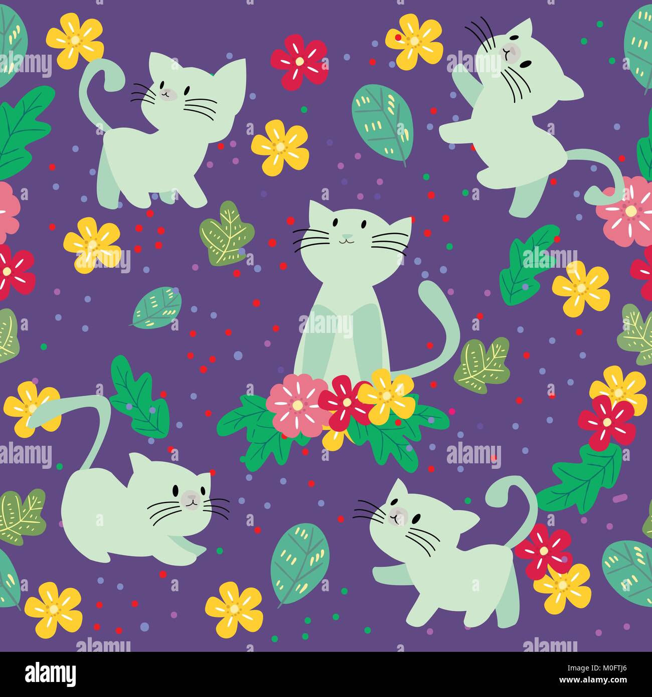 Cute Cat seamless pattern with flower on colorful background Vector ...