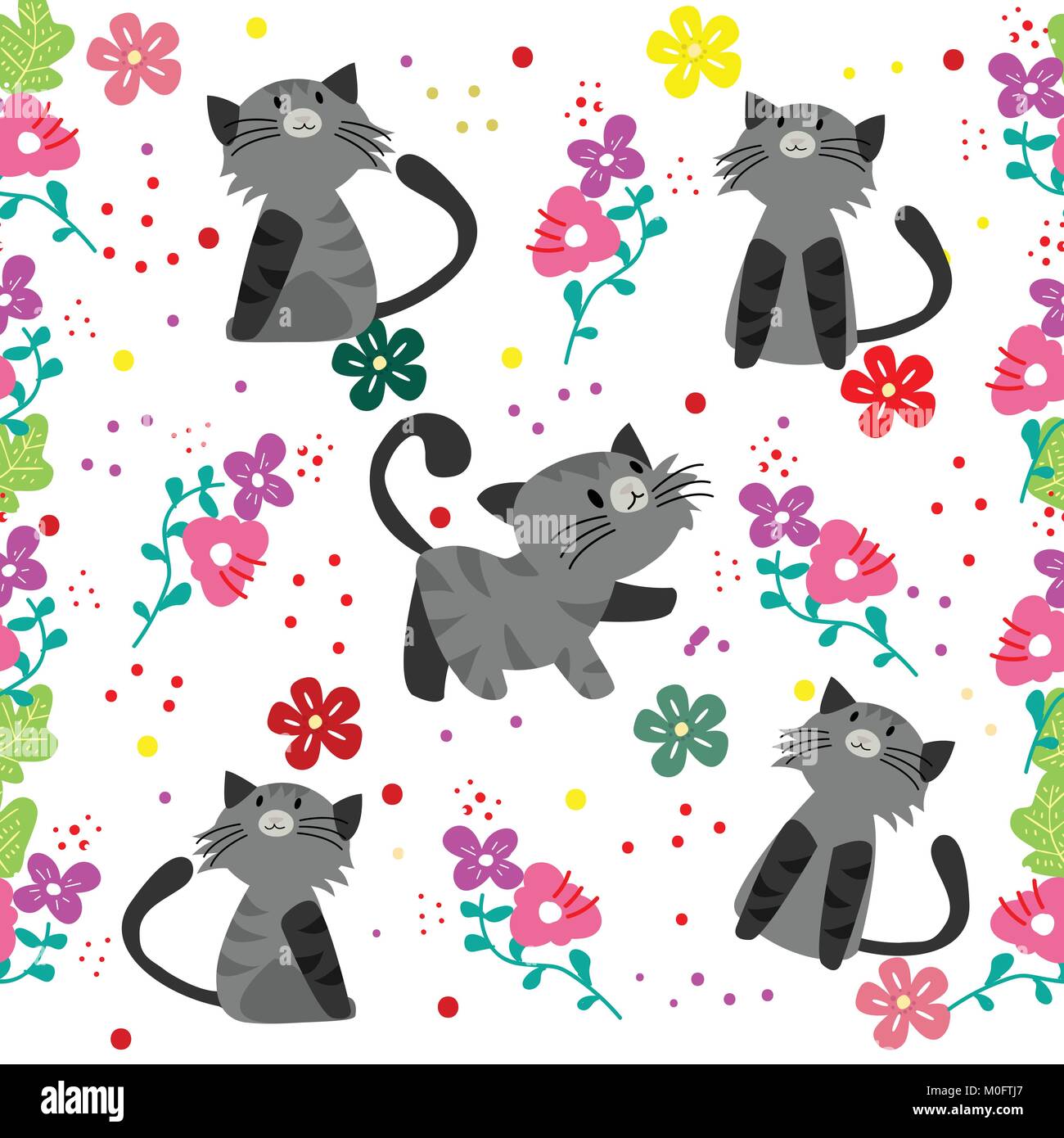 Cute Cat seamless pattern with flower on colorful background Vector ...