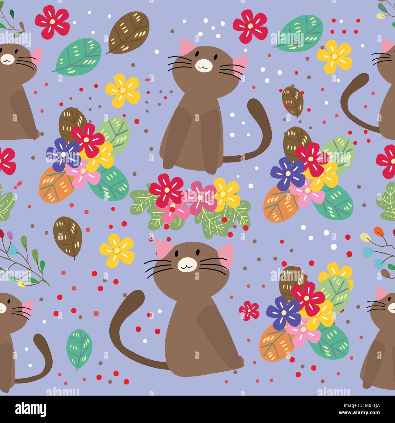 Cute Cat seamless pattern with flower on colorful background Vector ...