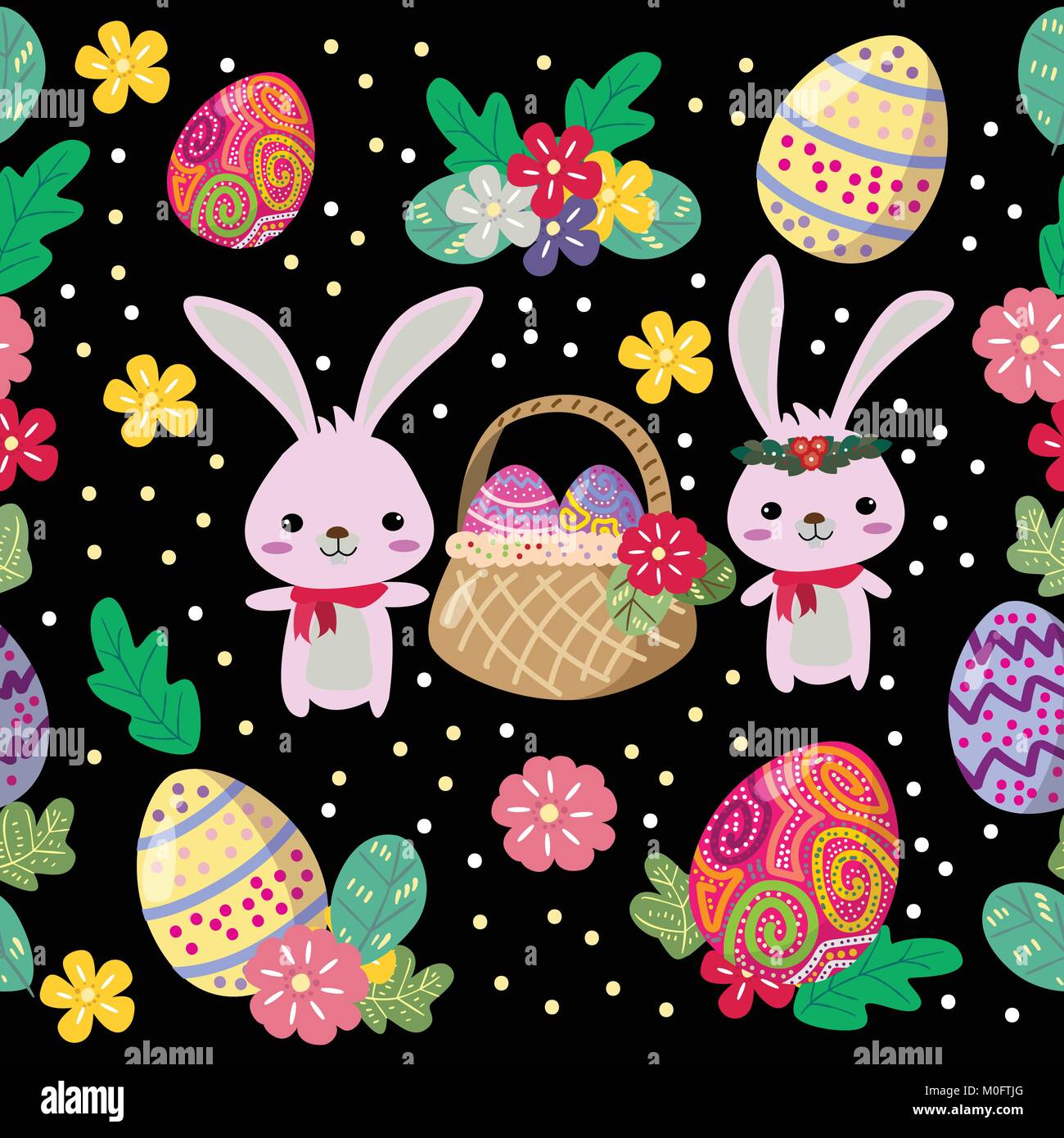 Cute Bunny and easter eggs seamless pattern with colorful flower on ...