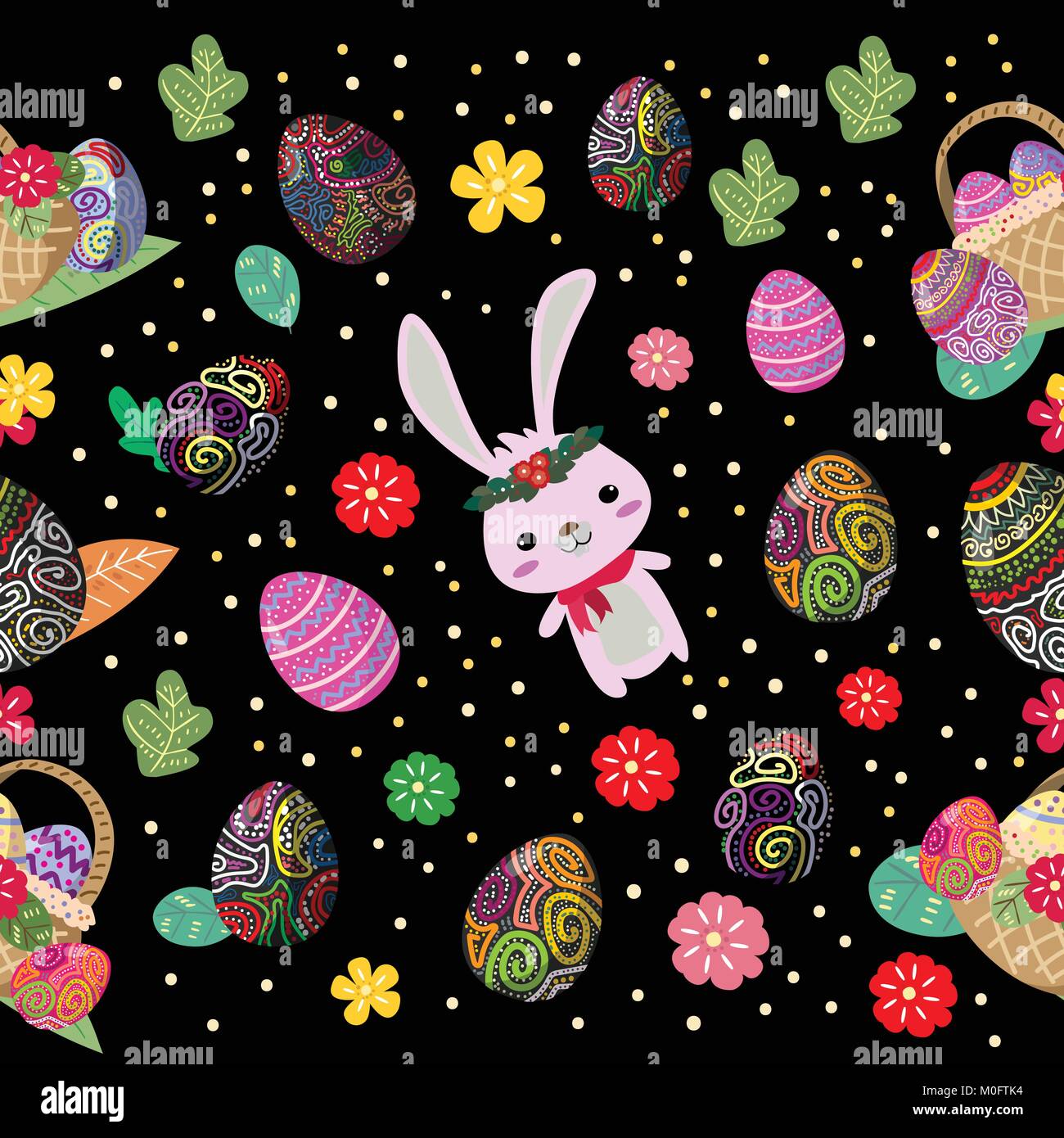 Cute Bunny and easter eggs seamless pattern with colorful flower on ...