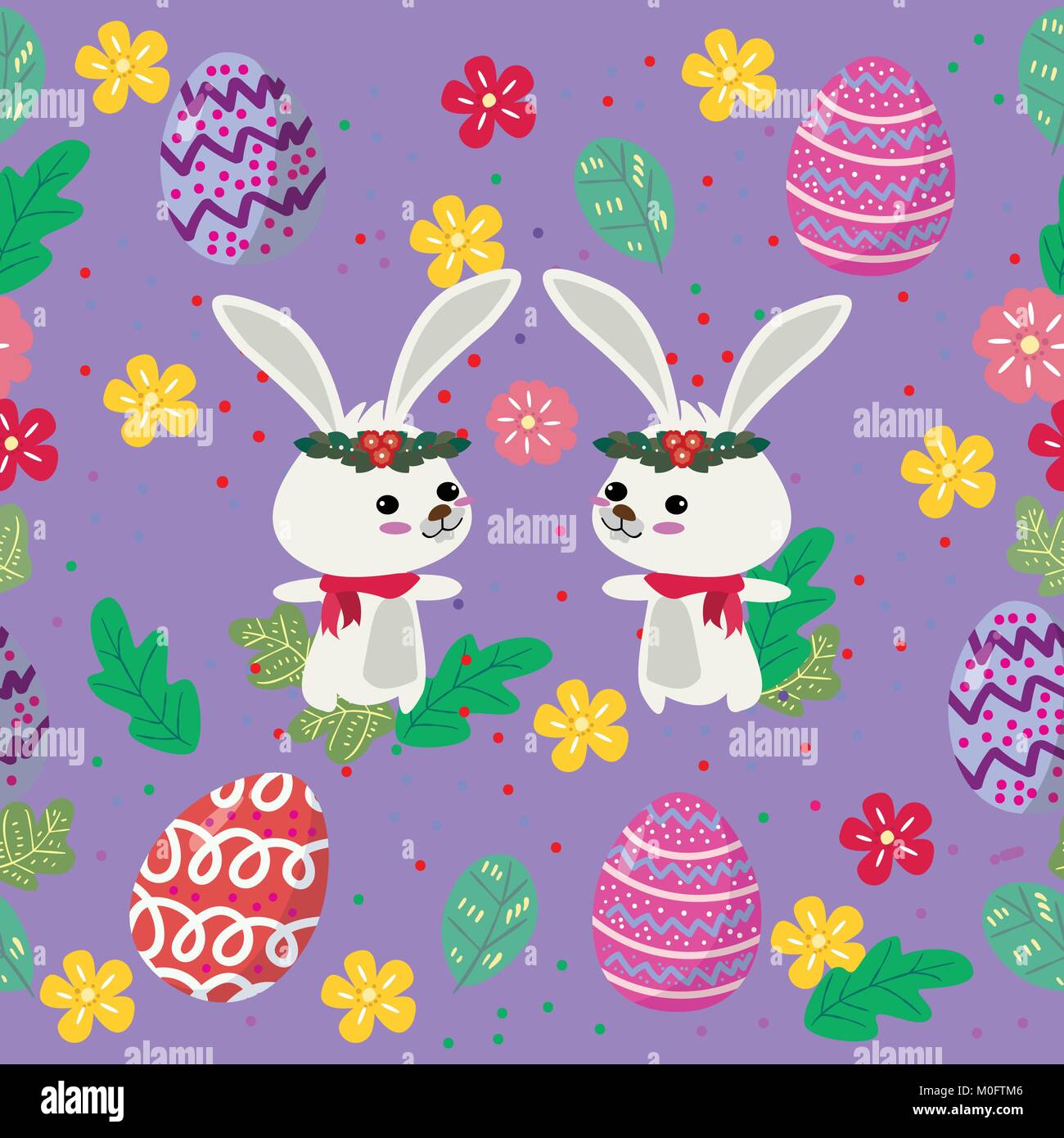 Cute Bunny and easter eggs seamless pattern with colorful flower on ...