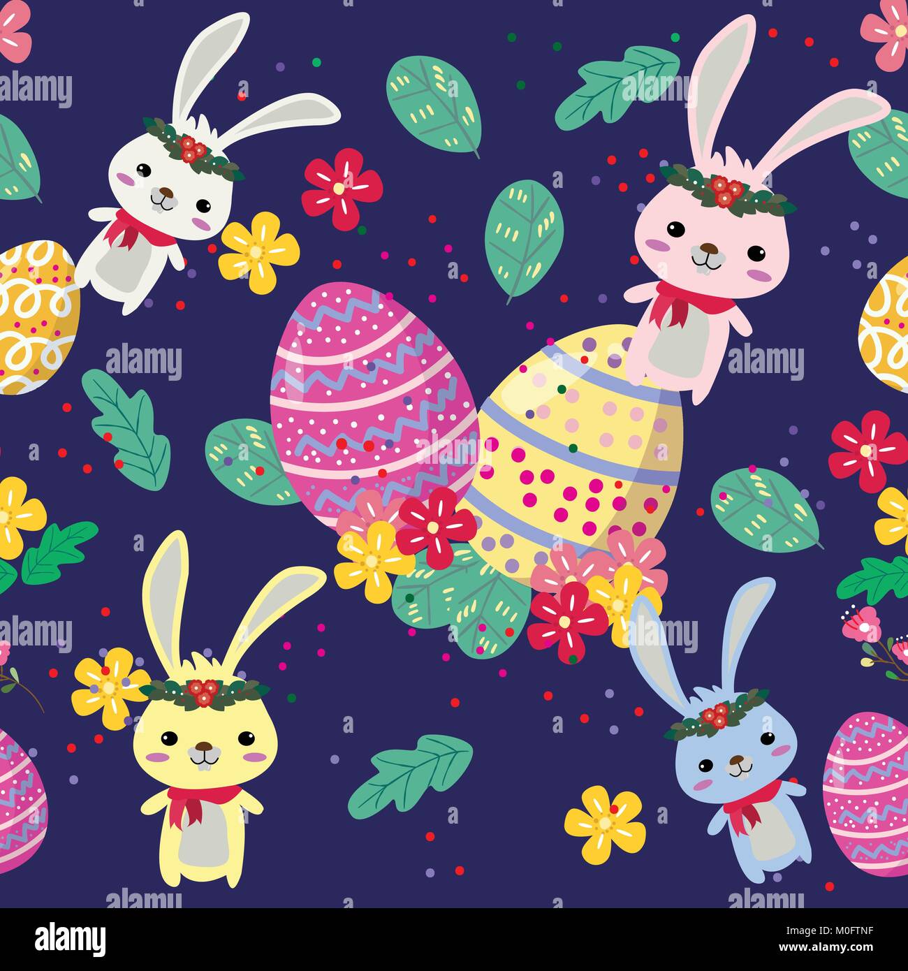 Cute Bunny and easter eggs seamless pattern with colorful flower on ...