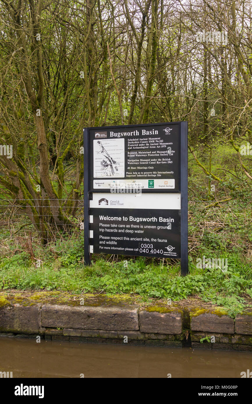 Welcome and information board at Bugsworth Basin on the Peak Forest canal near Whaley Bridge. Begun in 1794, the canal saw its first traffic in 1796. Stock Photo