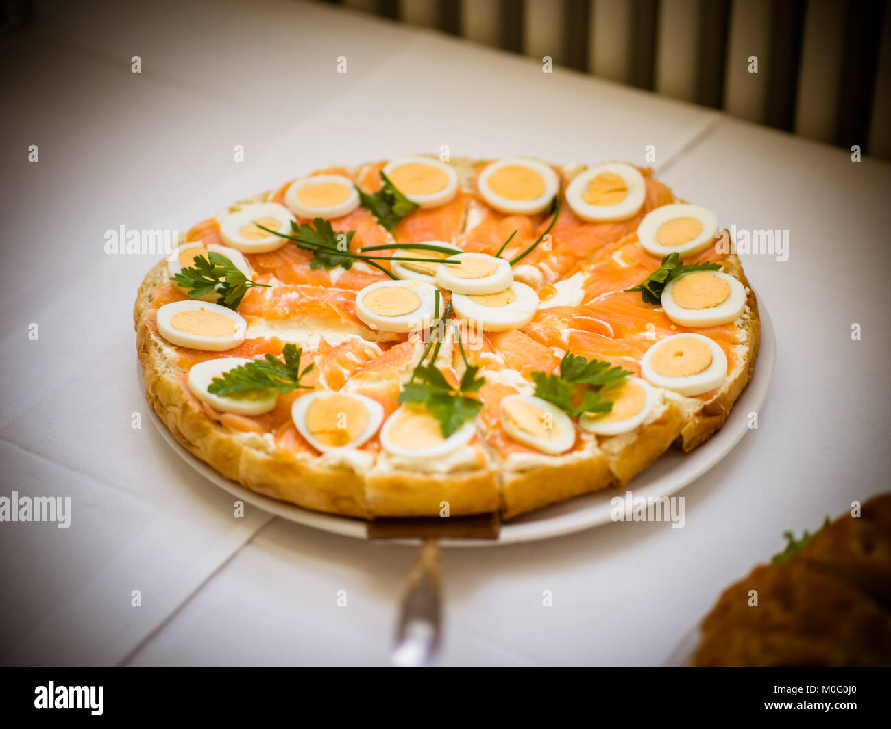 the savory cake with salmon, egg, parsley, Stock Photo