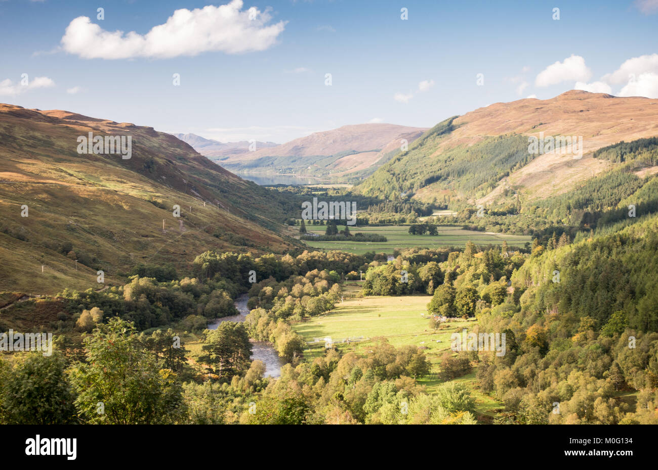 The River Broom meanders through the valley of Strathmore to Loch Broom near Ullapool in the Northwest Highlands of Scotland. Stock Photo