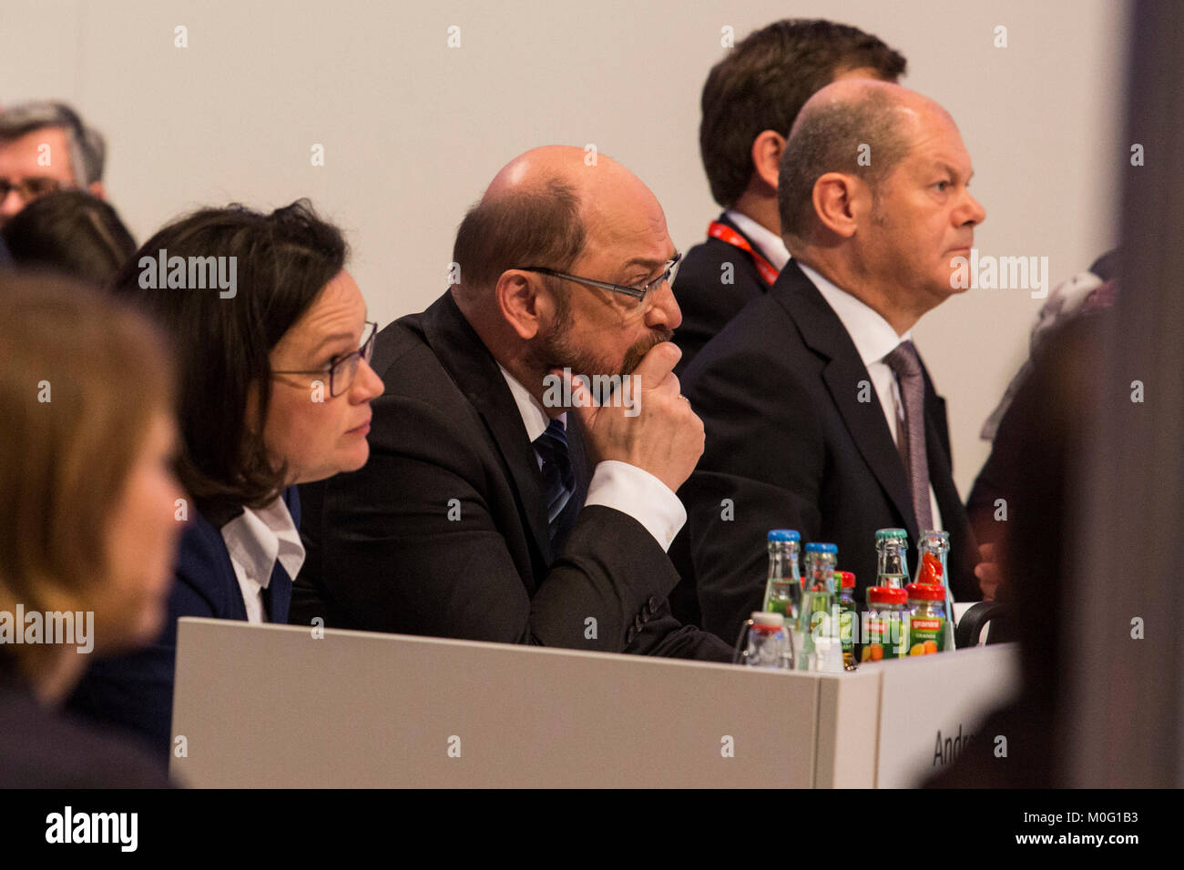 Bonn, Germany. 21 January 2018. L-R: Andrea Nahles, Martin Schulz, Olaf Scholz. SPD extraordinary party convention at World Conference Center Bonn to discuss and approve options to enter into a grand coalition with the CDU, Christian Democrats, before asking SPD members for approval. Stock Photo