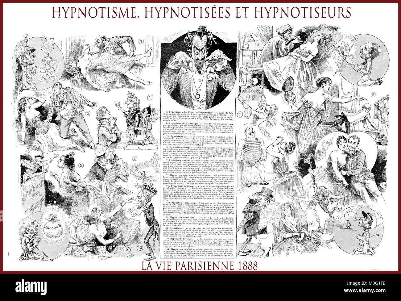 French satirical magazine La vie Parisienne 1888, central page:hypnotisme, hypnotisées et hypnotiseur - hypnotism, hypnotized and hypnostist. Humor, caricatures, portraits Stock Photo