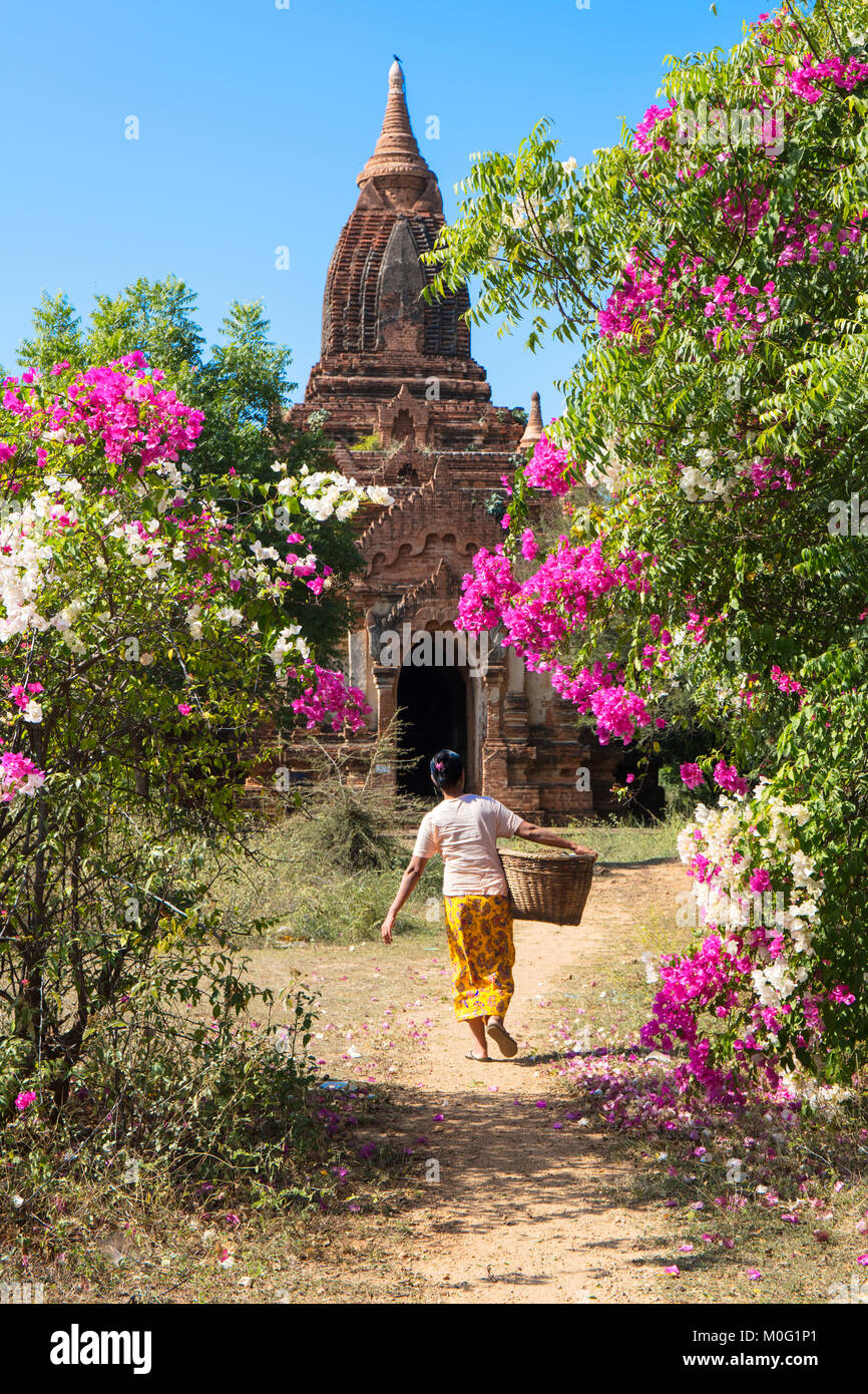 A woman with a basket enters a temple. Old Bagan Valley, Myanmar (Burma). Stock Photo