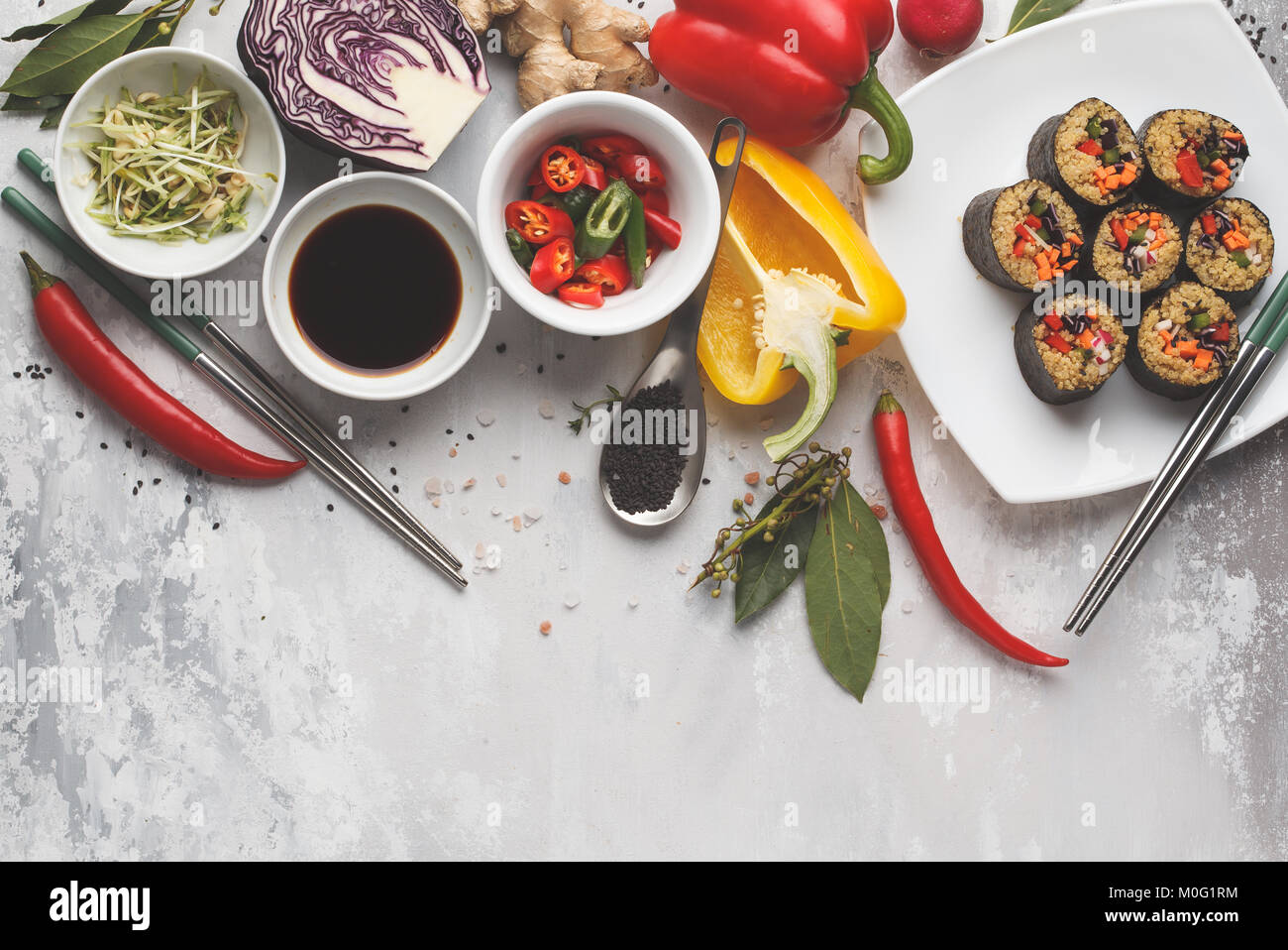 Vegan food background. Sushi rolls with quinoa, vegetables and sprouts