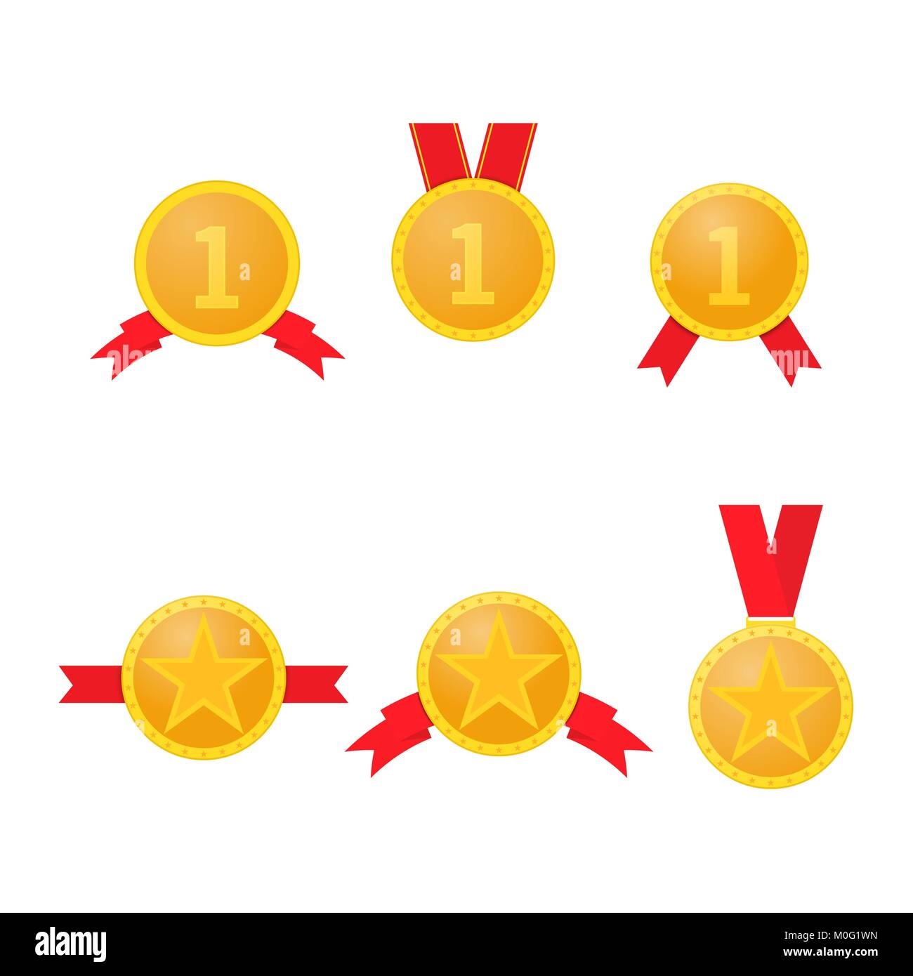 Set of gold medals with red ribbons on a white background. Vector ...