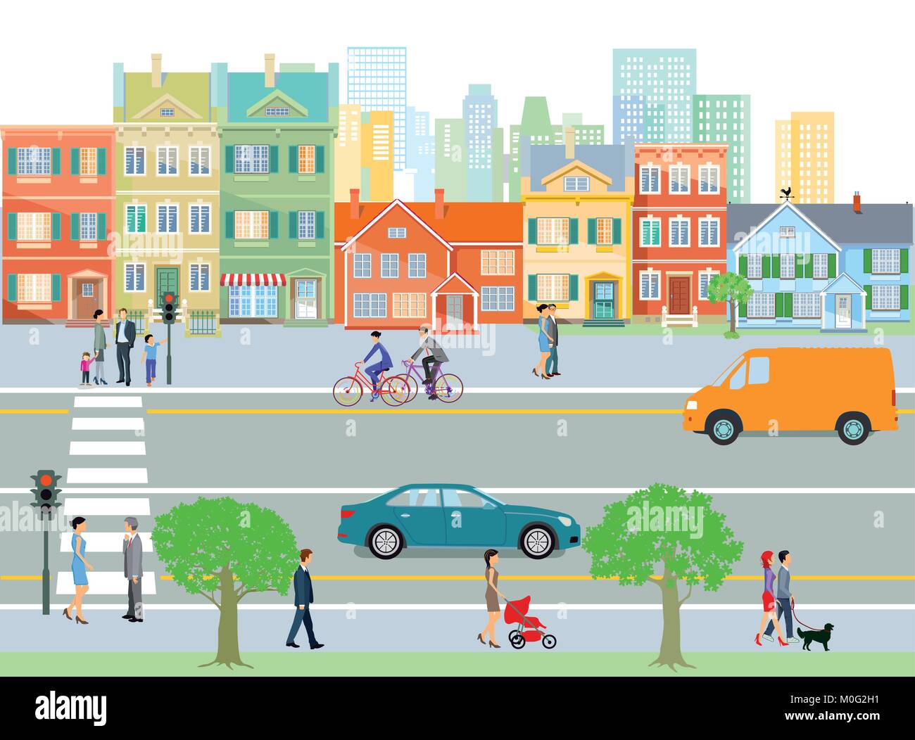 City with traffic and pedestrians, illustration Stock Vector Image ...