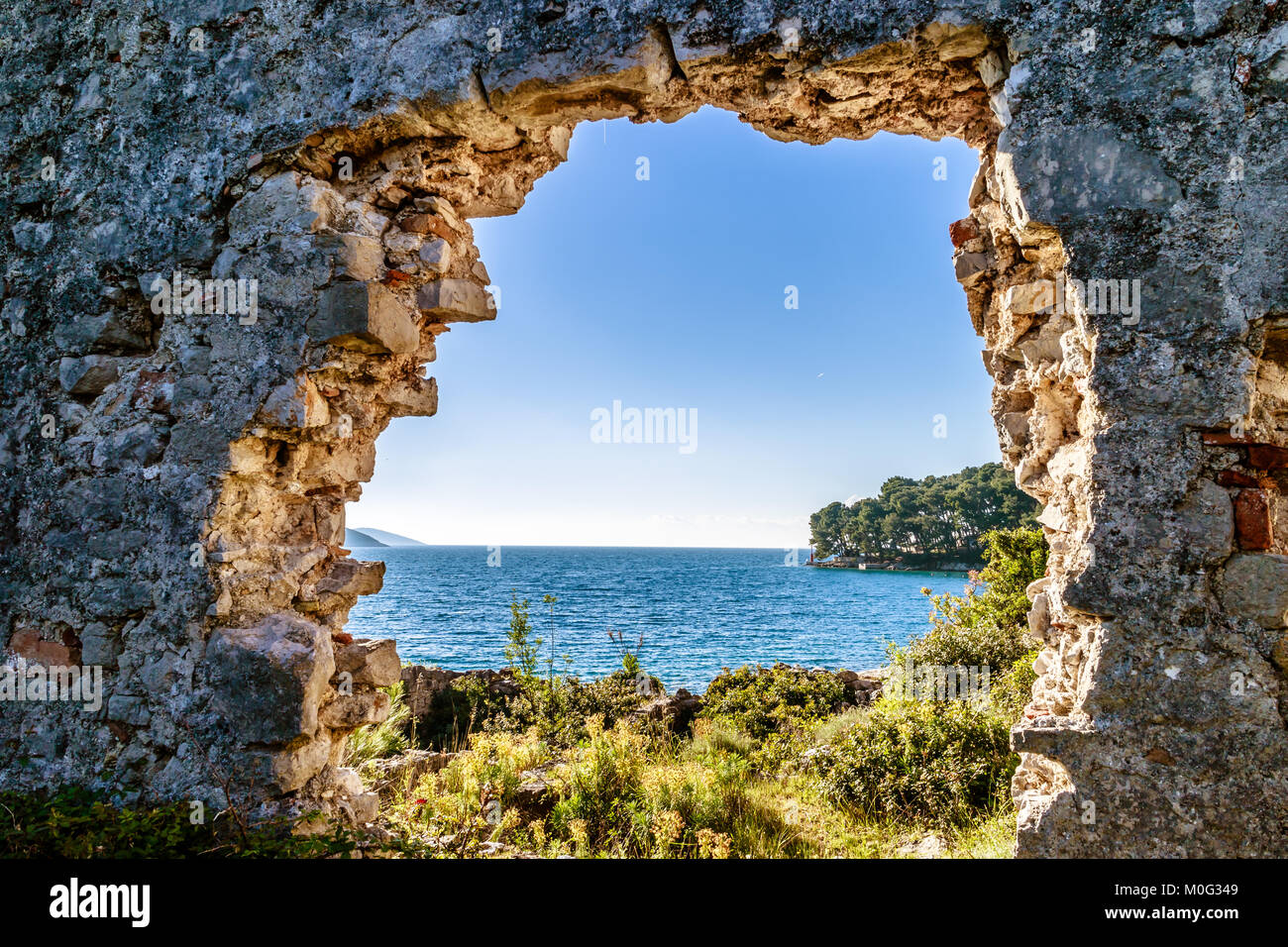 Old ruins by Bijar Bay, Osor. On the Croatian island of Cres by the Adriatic. May 2017. Stock Photo
