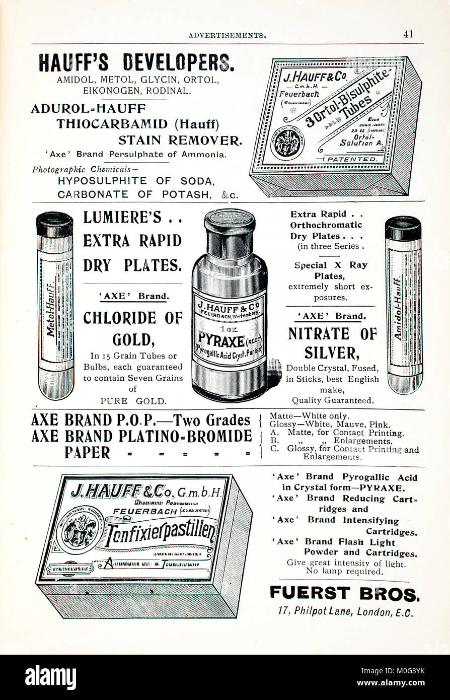 Photographic chemical advertisements from Photography In A Nutshell, by