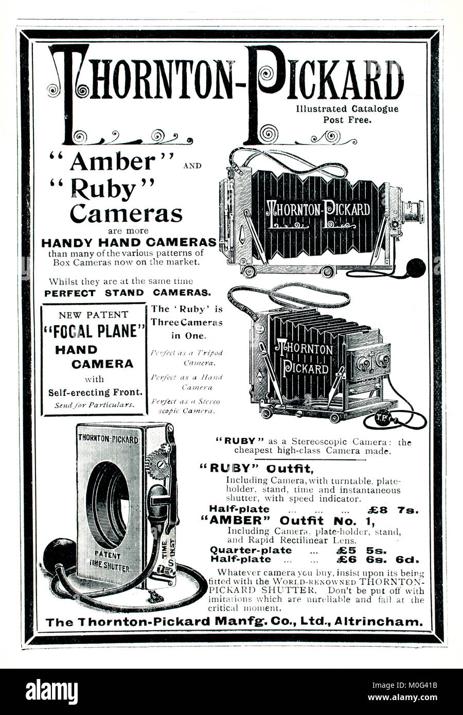 Thornton-Pickard camera and shutter advertisement from Photography In A Nutshell, by The Kernel, Iliffe & Sons, 1901 Stock Photo