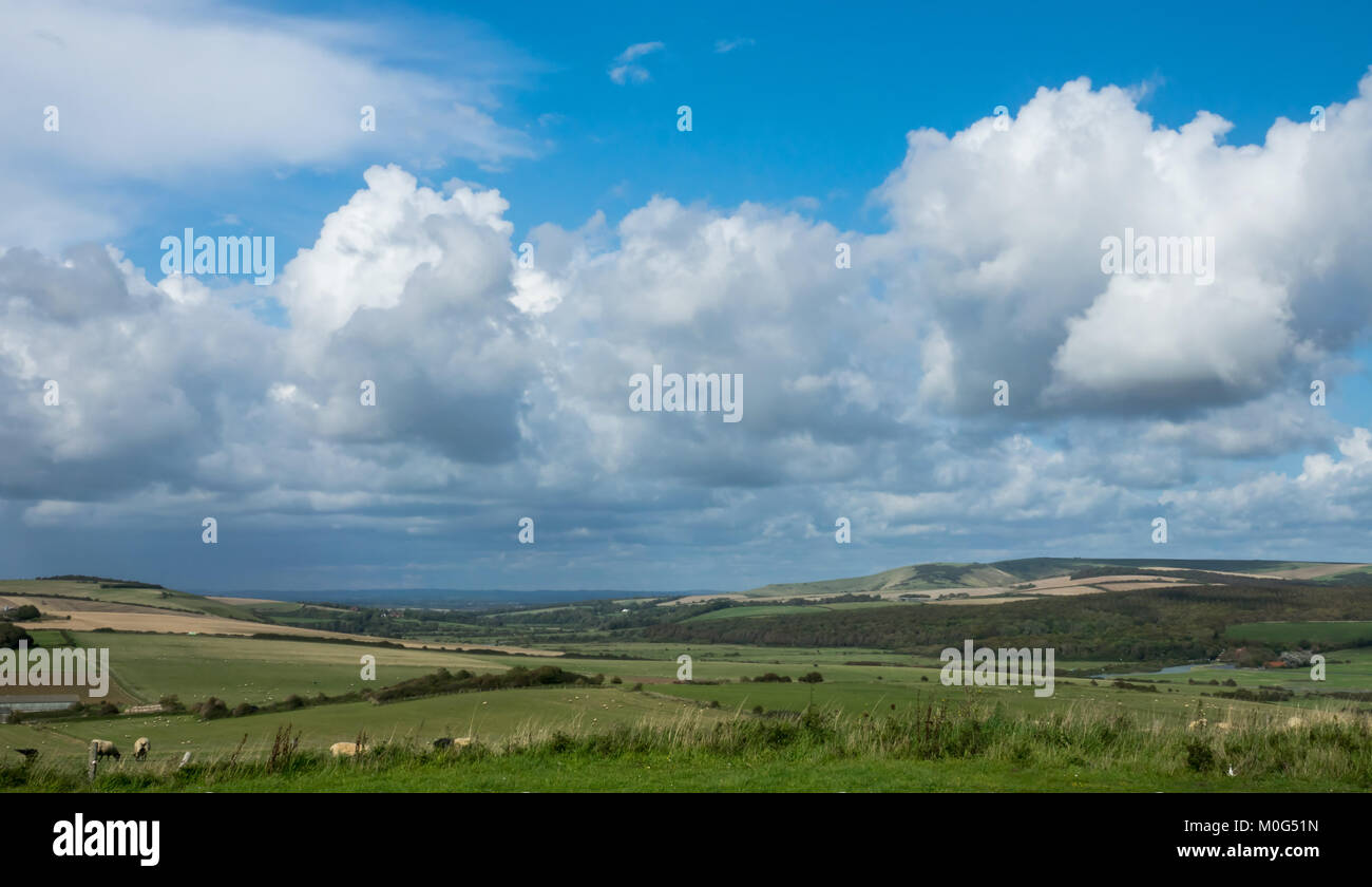 Cuckmere Valley looking north to the High Weald from Seaford Head. Stock Photo