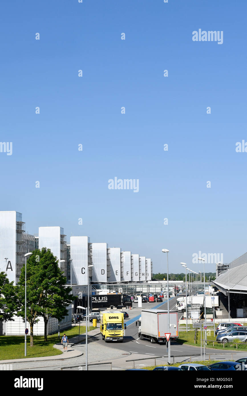 Freight halls with truck freight traffic, cargo modules A - I, transport, A, B, C, D, E, F, G, H, I, J,Cargo, freight, truck, road, Munich Airport Stock Photo