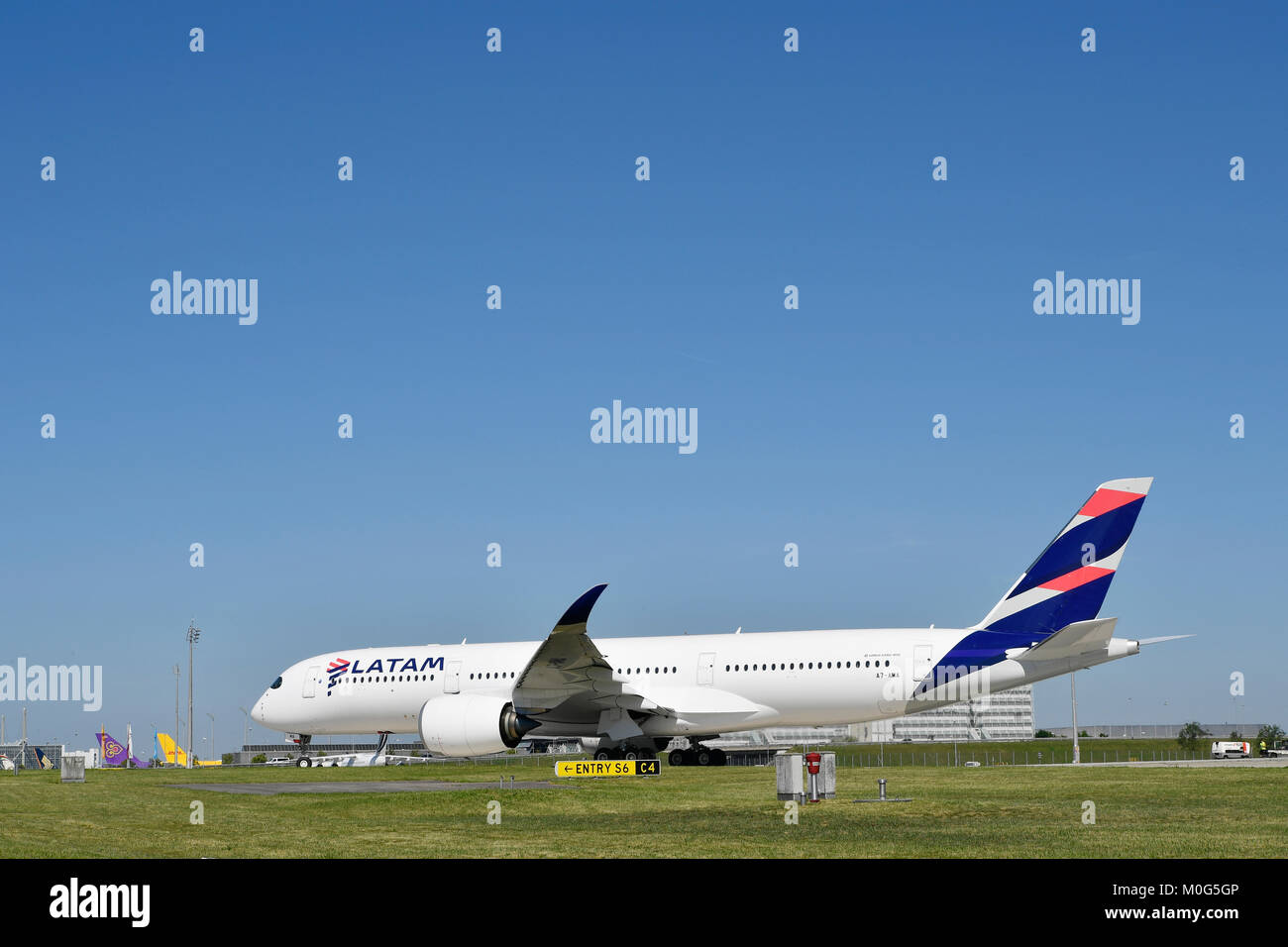 Latam, Airbus, A350, 900, roll out, take of, start, Runway South, aircraft, plane, Munich airport Stock Photo