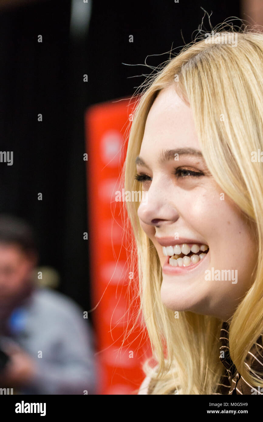 Actress Elle Fanning attends the 'I Think We're Alone Now' Premiere during 2018 Sundance Film Festival at Egyptian Theatre on January 21, 2018 in Park City, Utah. Stock Photo