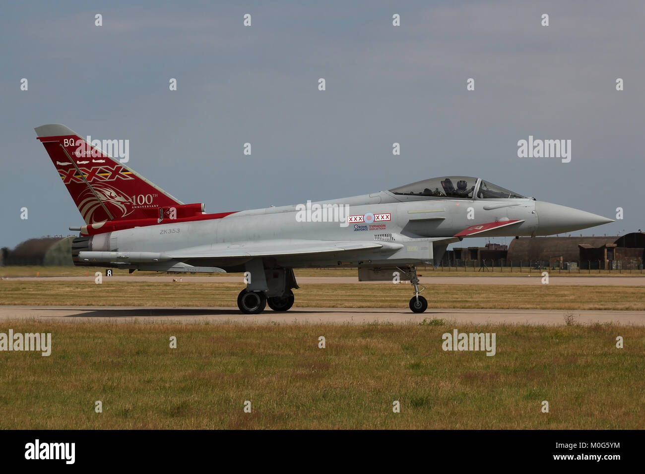 Showing the Squadron markings on a red tail, this Eurofighter Typhoon is marked to commemorate the 100th anniversary of 29 Squadron, Royal Air Force. Stock Photo