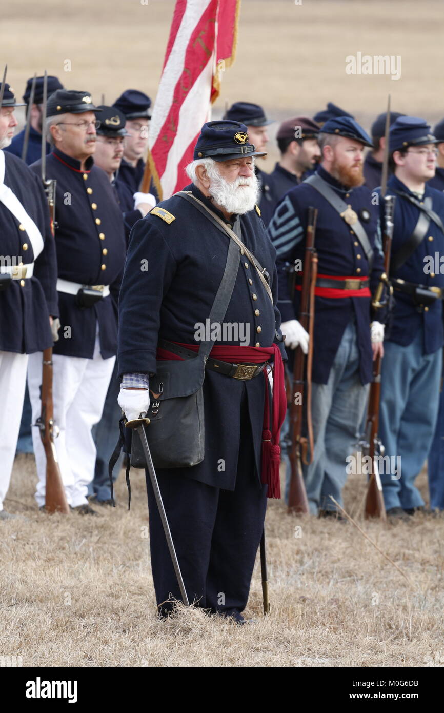 Union officer with troops at a Civil War Re-enactment of a battle that happened in Hernando County, Florida in July of l864. Stock Photo