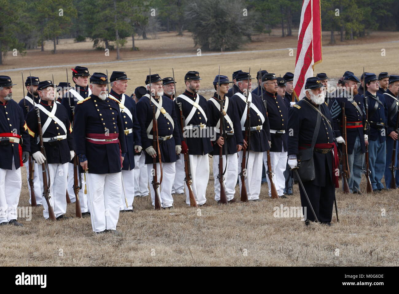 Union officer with troops at a Civil War Re-enactment of a battle that happened in Hernando County, Florida in July of l864. Stock Photo