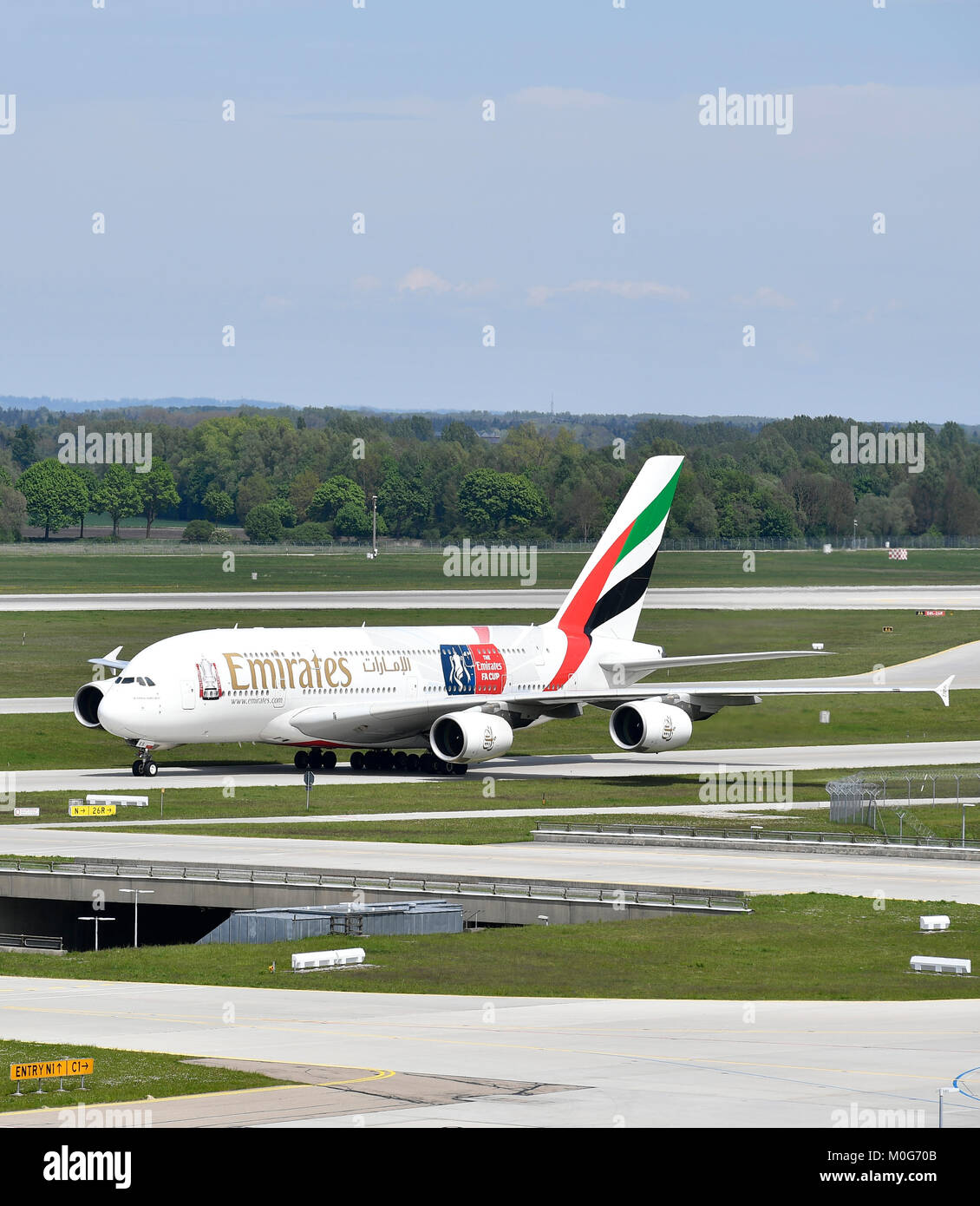 Emirates, Airbus, A380-800, A380, 800, Airplane, Aircraft, Plane, Munich Airport, landing, runway, north, taxiway, Stock Photo