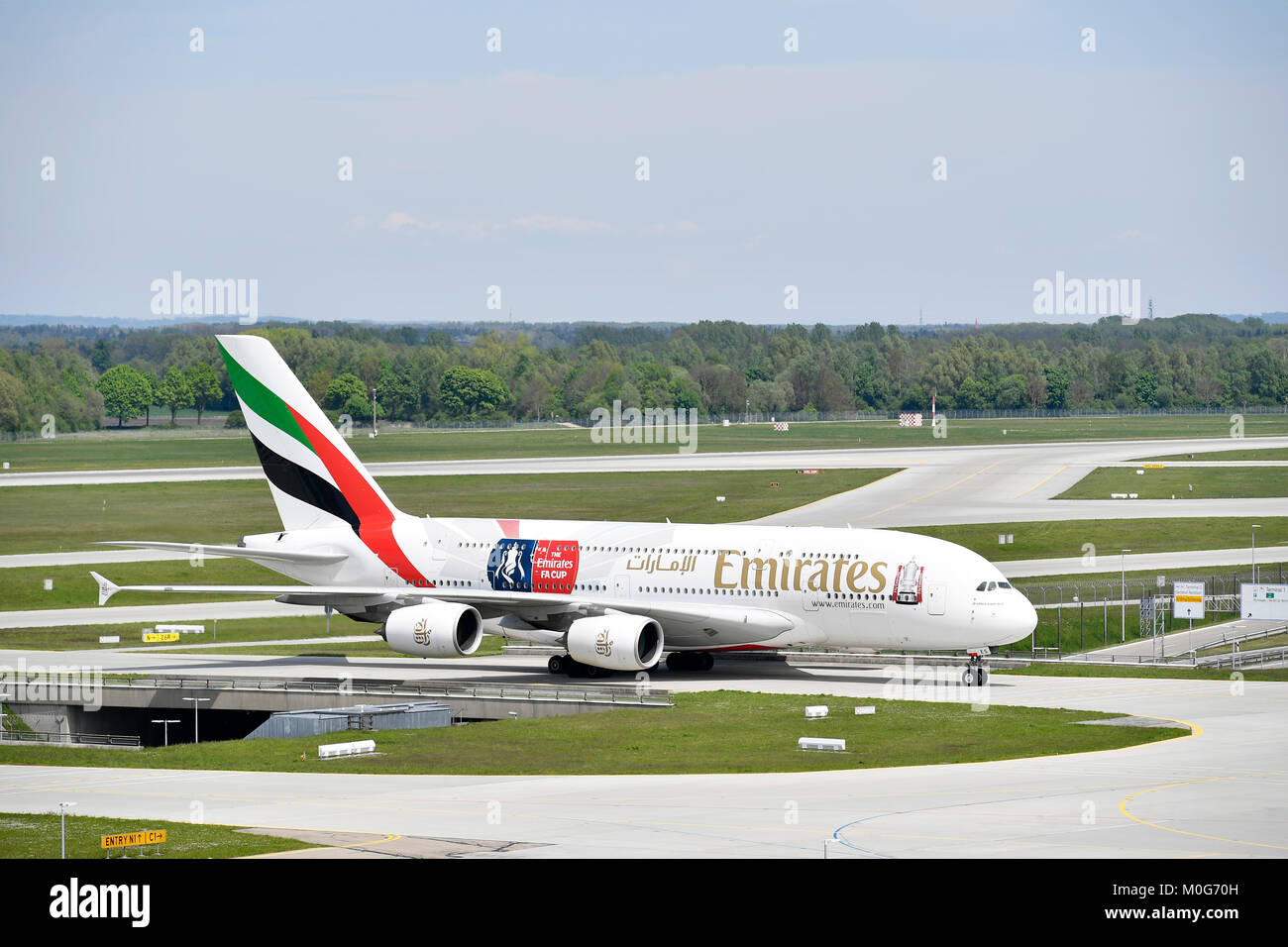 Emirates, Airbus, A380-800, A380, 800, Airplane, Aircraft, Plane, Munich Airport, landing, runway, north, taxiway, Stock Photo