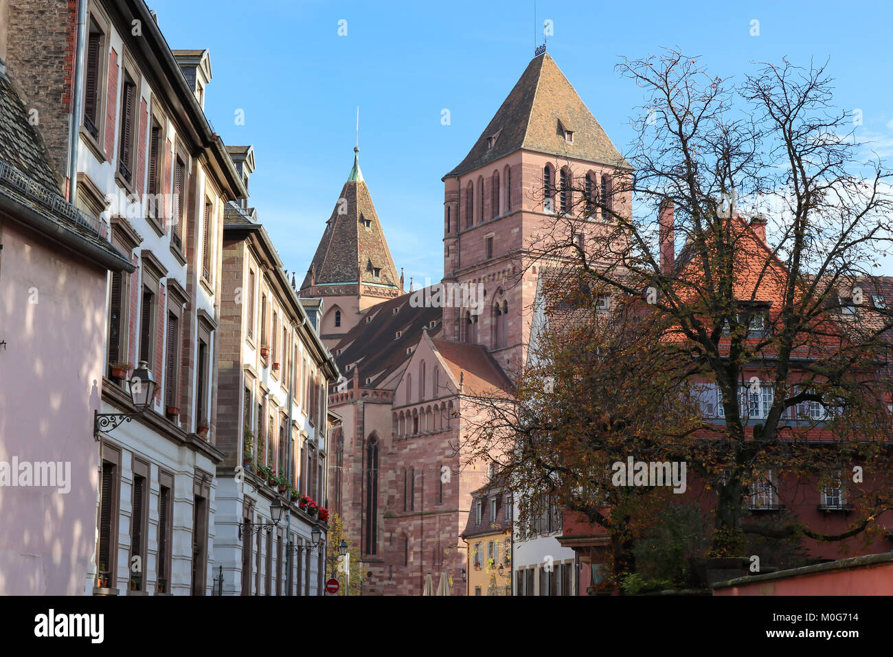 Gothic-style Lutheran Church of Saint Thomas in the Autumn - Grande Ile, Strasbourg, Alsace, France. Stock Photo