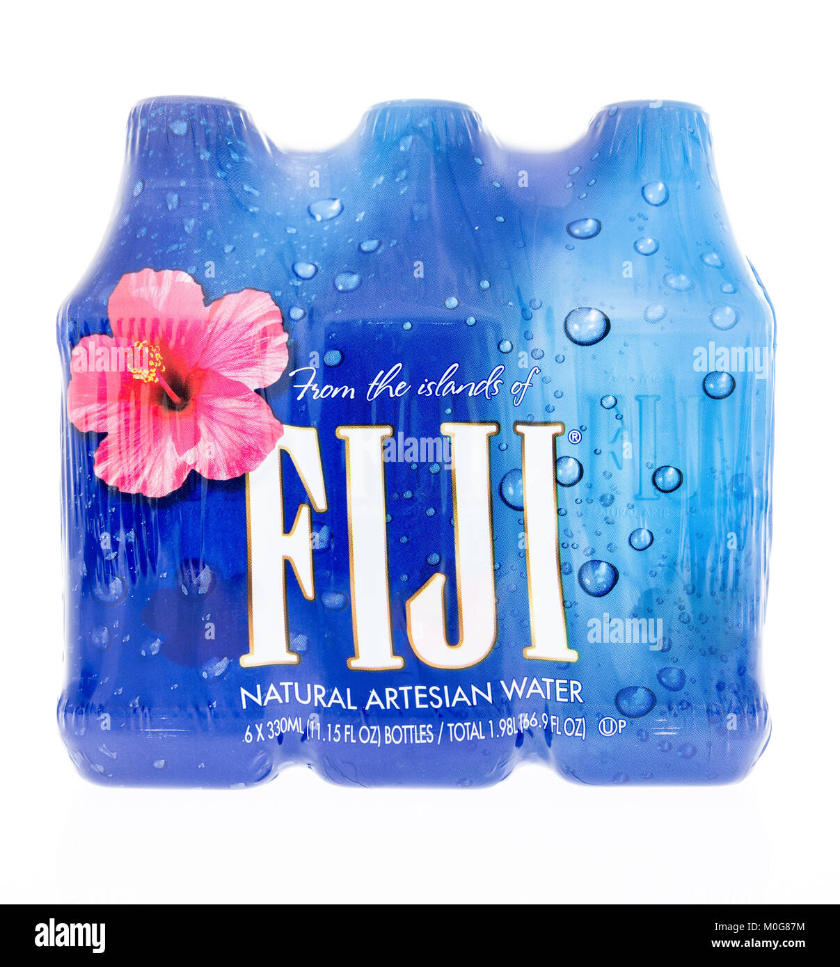 Winneconne, WI - 11 January 2018: A six pack of Fiji natural artesian water on an isolated background. Stock Photo